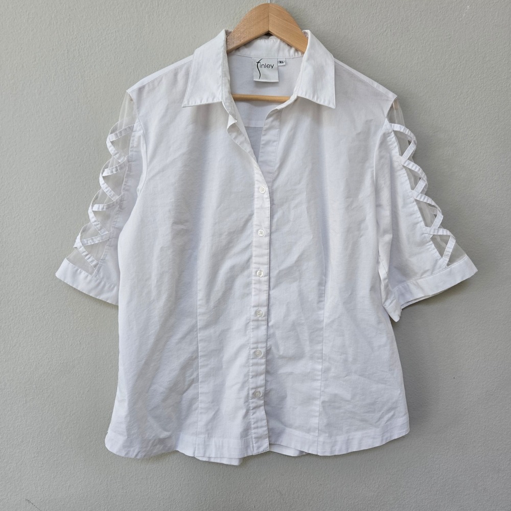 Finley Shirt Women XL White Sugar Lattice Sleeve Silk Insert Button Down Blouse